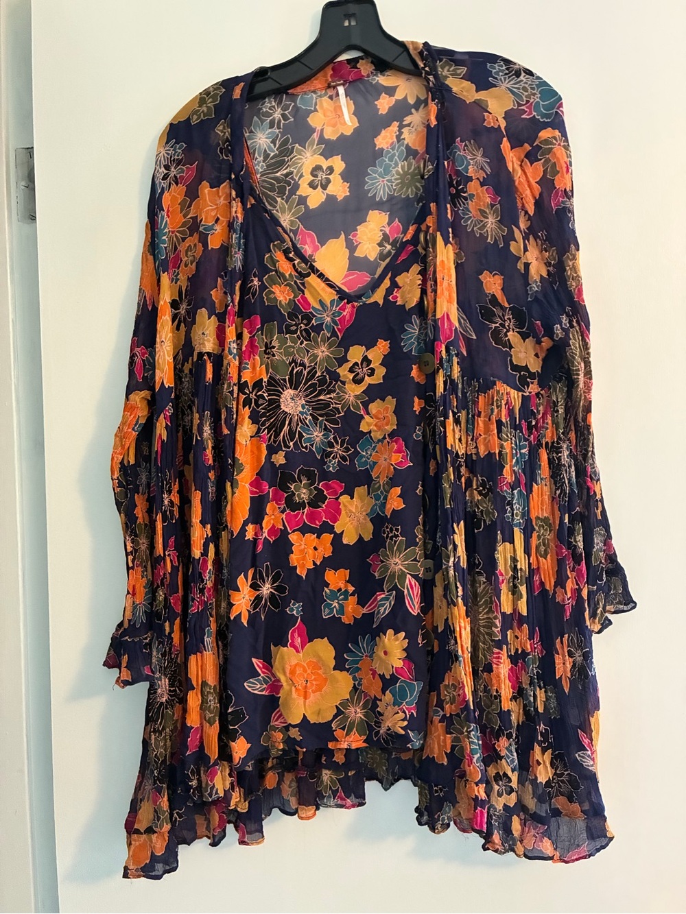 Free People Floral Navy and Orange Tank Top with Matching Sheer Kimono